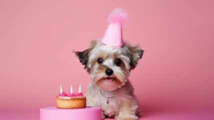 A dog in a cap sits next to a birthday cake