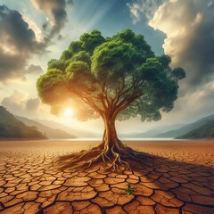 Alone tree on a cracked land, desert, climate change concept