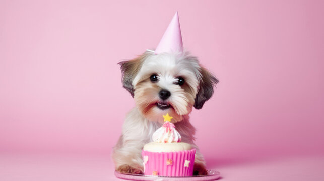 on a pink background, a dog in a cap sits next to a birthday cake