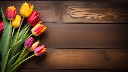 Beautiful spring tulips on wooden background. Top view, space for text