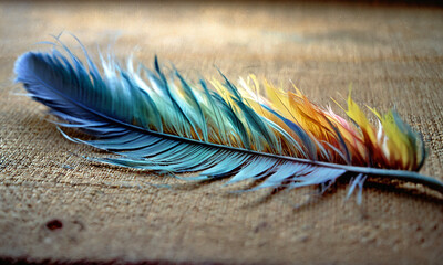 magical multi-colored feather, lying on the table on a soft cloth