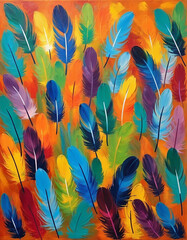 beautiful feathers drawn on a pleasant blue background. Bright colors