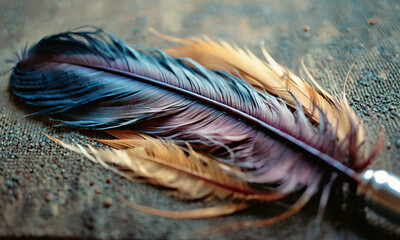 magical multi-colored feather, lying on the table on a soft cloth