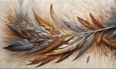 magical, colorful abstraction in the form of feathers and splashes of paint in gray and brown shades