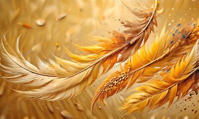 magical, colorful abstraction in the form of feathers and splashes of paint in yellow shades