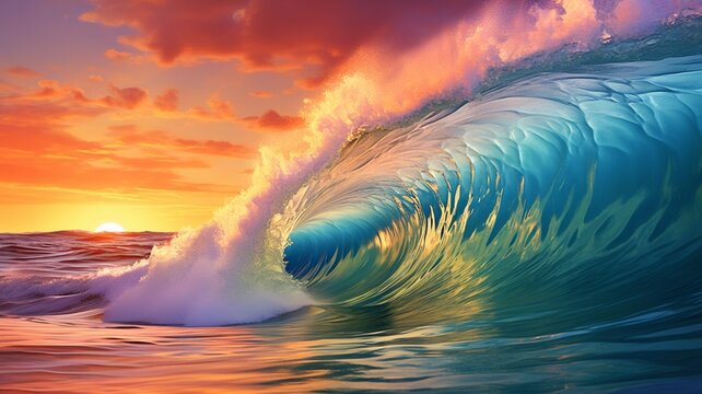 Amazing ocean sunset wave massive realistic wallpaper AI Generated art