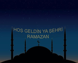 Hoş geldin ya şehri Ramazan (Translate: Welcome month of ramadan) lettering hanging on Mosque's mahya vector. Mahya is an enlightenment arrangement during ramadan nights between two minarets.