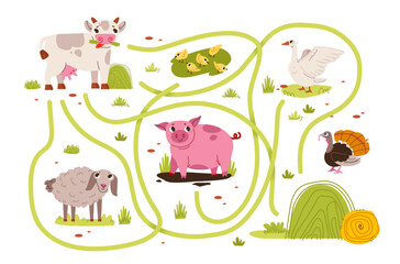 Kids labyrinth game with farm animal characters. Educational maze game for preschool children. Flat vector illustration.