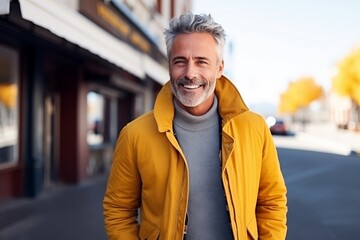 Portrait of a handsome senior man in a yellow jacket standing outside