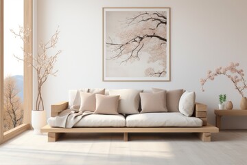 Living Room With Furniture and Wall Painting. Scandinavian home interior design of modern living home.