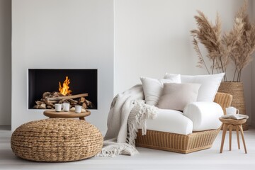 Cozy Living Room With Fireplace and Wicker Furniture. Scandinavian home interior design of modern living home.