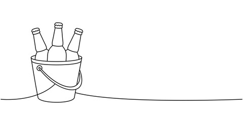 Beer bottles in a ice bucket one line continuous drawing. Beer pub products continuous one line illustration. Vector linear illustration. © Lifeking