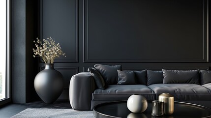 Black living room interior with black sofa, black coffee table and decorative vase.  AI generative