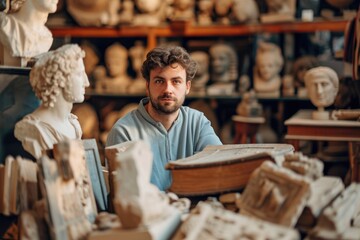 Knowledgeable historian with ancient artifacts, in a classical museum background.