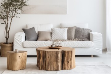 Living Room With White Couch and Wooden Tables. Scandinavian home interior design of modern living home.