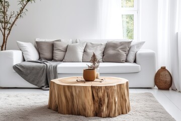 Living Room With White Couch and Tree Stump Coffee Table. Scandinavian home interior design of modern living home.