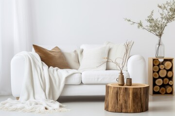 Fototapeta na wymiar White Couch Next to Wooden Table in Simple, Minimalist Living Room Decor. Scandinavian home interior design of modern living home.