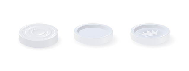 White checkers chips. 3d realistic round badge with circle convex lines on surface and shadow to play on checkerboard. Vector