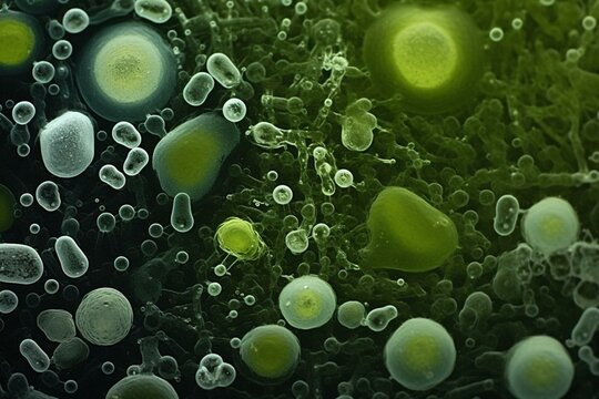 Microalgae including coleastrum, scenedesmus, euglena, and green algae, observed at 400x magnification with selective focus. Generative AI