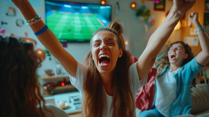 Excited Young Woman Cheering Loudly in Living Room During European Football Soccer Tournament...