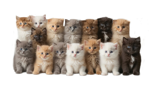 Lots of cute fluffy kittens isolated on white background charming