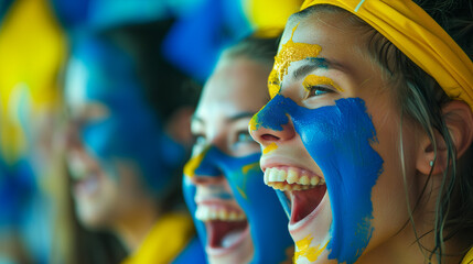 Exciting Moment at European Football Tournament: Young Swedish Women Fans with Face Paint Cheering in Stadium, Enthusiastic Soccer Supporters, Patriotic Sports Event, Europe's Passion for Football - obrazy, fototapety, plakaty