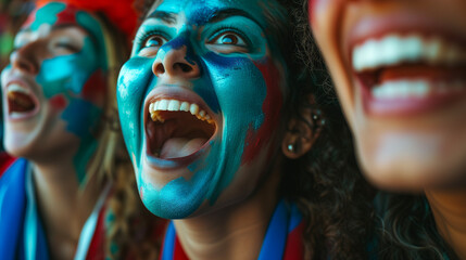 Fototapeta premium Exciting European Soccer Tournament Vibes: Close-Up of Energetic Young Female Fans with Blue Face Paint Cheering in Stadium - Capture the Passion of Football Supporters Embracing Sports Fever