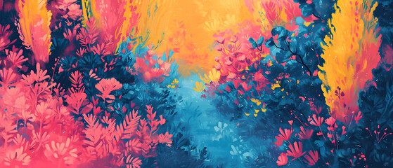 Vibrant blooms burst with life in a vivid and dynamic abstract painting, showcasing the beauty of nature through modern art techniques and a bold color palette