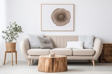 Living Room With Couch and Table, A Cozy and Functional Space for Relaxation and Entertainment. Scandinavian home interior design of modern living home.