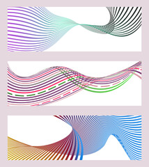 Wavy lines or ribbons. Set of 3 backgrounds. Multicolored striped gradient. Creative unusual background with abstract gradient wave lines to create a trendy banner, poster. vector eps