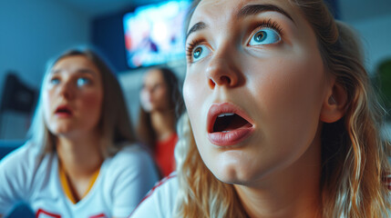 Close-up of Young English Women Soccer Supporters Watching European Tournament Match on TV, Expressing Hope and Anticipation, Intense Football Fan Emotion, Sports Enthusiasm in Home Setting