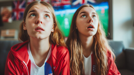Fototapeta na wymiar Close-up of Young English Women Soccer Supporters Watching European Tournament Match on TV, Expressing Hope and Anticipation, Intense Football Fan Emotion, Sports Enthusiasm in Home Setting