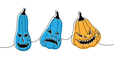 Autumn pumpkins scary faces. Pumpkins with scary faces one line colored continuous drawing. Halloween vegetables continuous one line illustration.