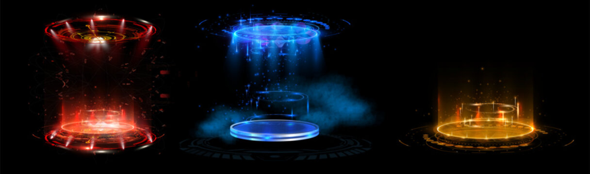 Futuristic portals, magic hologram teleport with square podium. Red, blue , yellow lightning power texture, teleport frame to fantasy world.