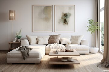 Fototapeta premium A Living Room With Furniture and a Large Window. Scandinavian home interior design of modern living home.