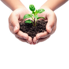 Hands holding green plant sprout isolated.