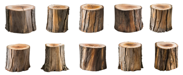 Collection of wooden logs, isolated on transparent background. 