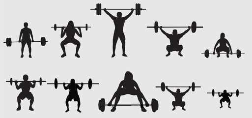 Set of weightlifting, weightlifter silhouette isolated