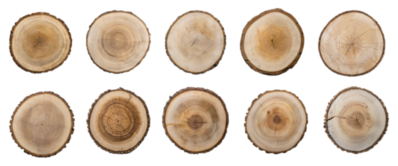Collection of round, wooden tree slices, isolated on transparent background.