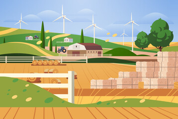 Flat farming industry landscape with field, hills and windmills. Village vector illustration