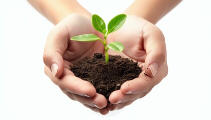 Hands holding green plant sprout isolated on white background.