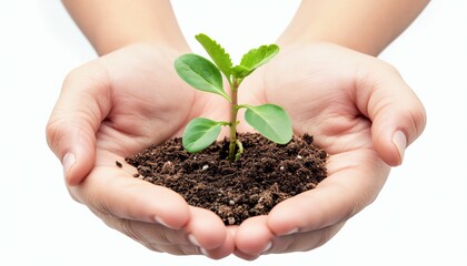 Hands holding green plant sprout isolated on white background.