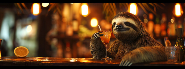 close-up of a sloth drinking a cocktail - obrazy, fototapety, plakaty