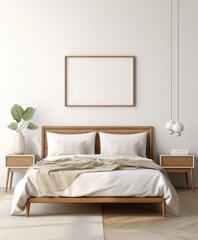 Bedroom With Bed, Nightstands, and Plant. Scandinavian home interior design of modern living home.