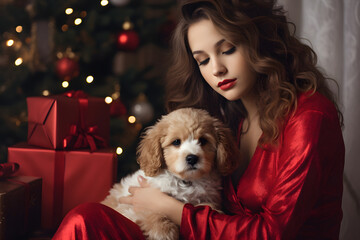 A beautiful woman with a dog, Human and Puppy in Christmas day