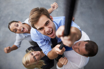 People, energy and corporate man climbing rope for target goals, career development or team...