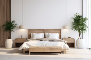 Bedroom With Bed, Nightstands, and Potted Plants. Scandinavian home interior design of modern living home.