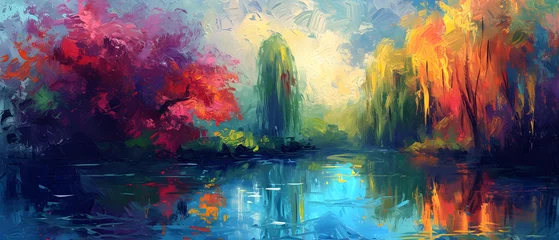 Foto op Aluminium A serene blend of acrylic paint and modern art, this abstract landscape painting captures the peaceful reflection of trees and water in an outdoor lake setting © Daniel