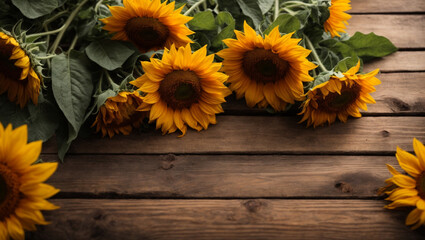 rustic sunflowers against wooden wall background ai image 