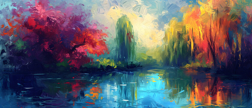 A serene blend of acrylic paint and modern art, this abstract landscape painting captures the peaceful reflection of trees and water in an outdoor lake setting